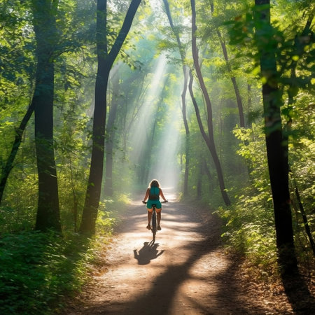 Adventure Amidst Nature Girl Cycling Forest Trail with Serenity Generative AIの素材