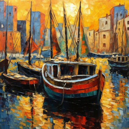 Harbor Scene with Docked Boats Generative AIの素材