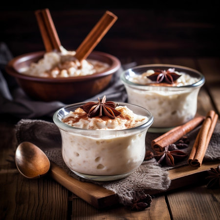 Rice Pudding with Cinnamon on Wooden Surface Generative AIの素材