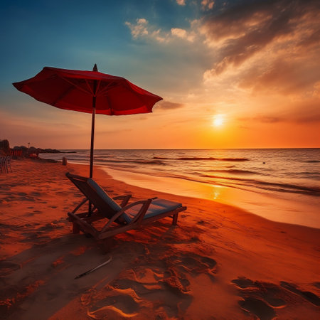 Scenic Sunset Beach Sun Lounger and Umbrella by the Sea Generative AIの素材