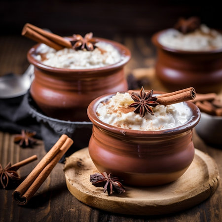 Rice Pudding with Cinnamon on Wooden Surface Generative AIの素材