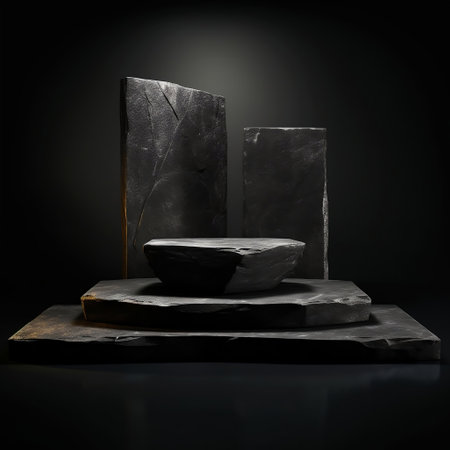 Sleek Black Stone Product Display Podium on Dark Background Generative AIの素材