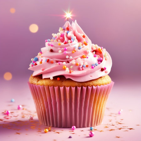 Vibrant Birthday Cupcake with Abundant Pink Icing for Celebrations Generative AIの素材