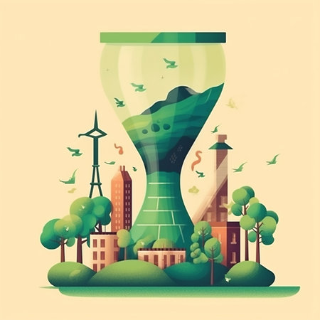 Hourglass Illustrations with Green Eco City, Renewal, and Sustainability Generative AIの素材