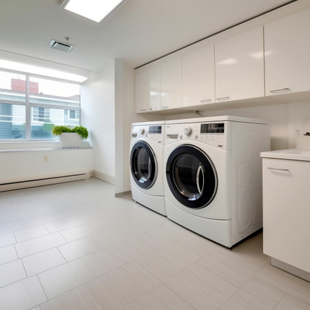 Clean and White Laundry Room with FrontLoading Washer Generative AIの素材