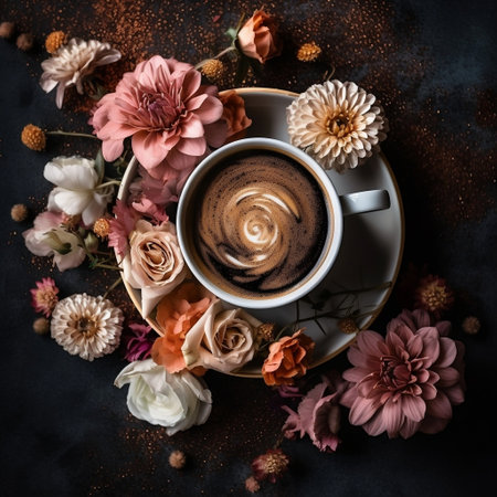 Coffee Cup Adorned with Beautiful Flowers Generative AIの素材