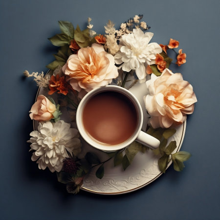 Coffee Cup Adorned with Beautiful Flowers Generative AIの素材