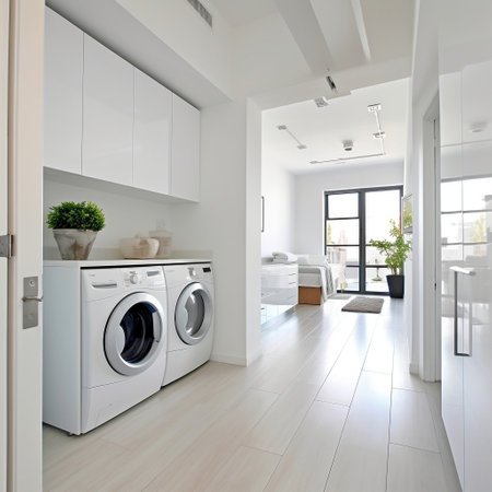 Clean and White Laundry Room with FrontLoading Washer Generative AIの素材