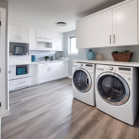 Clean and White Laundry Room with FrontLoading Washer Generative AIの素材