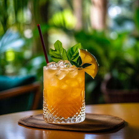 Tropical Mai Tai Cocktail on a Rattan Tray at a Bamboo Counter Generative AIの素材
