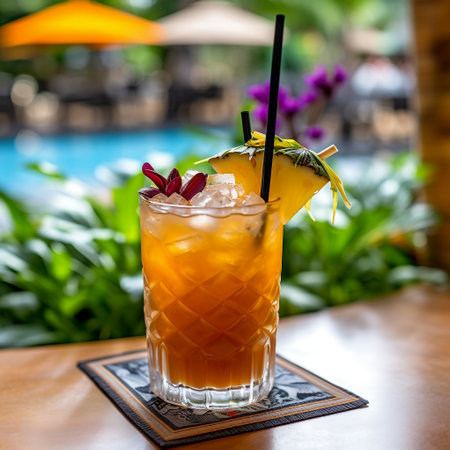 Tropical Mai Tai Cocktail on a Rattan Tray at a Bamboo Counter Generative AIの素材