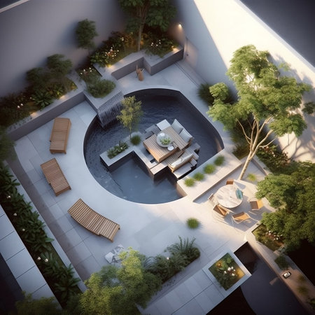 Contemporary Irregular Shaped Top View of Pool Terrace in Modern Landscape Generative AIの素材