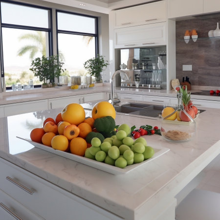 Contemporary Kitchen with Marble Counter and Fresh Vegetables Generative AIの素材