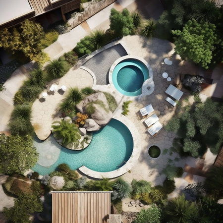 Contemporary Irregular Shaped Top View of Pool Terrace in Modern Landscape Generative AIの素材