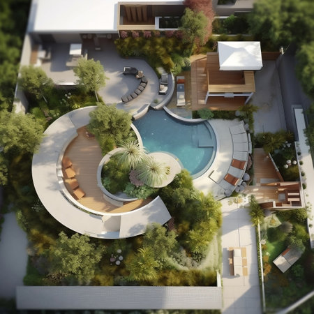 Contemporary Irregular Shaped Top View of Pool Terrace in Modern Landscape Generative AIの素材