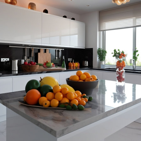Contemporary Kitchen with Marble Counter and Fresh Vegetables Generative AIの素材
