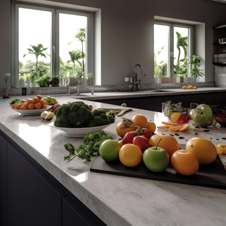 Contemporary Kitchen with Marble Counter and Fresh Vegetables Generative AIの素材