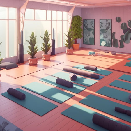 Contemporary Yoga Studio Interior with Unrolled Yoga Mats Generative AIの素材