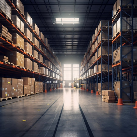 Efficiently Organized Warehouse Interior Showcasing Orderliness Generative AIの素材