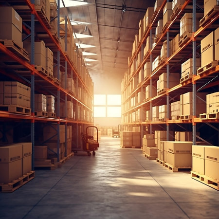 Efficiently Organized Warehouse Interior Showcasing Orderliness Generative AIの素材
