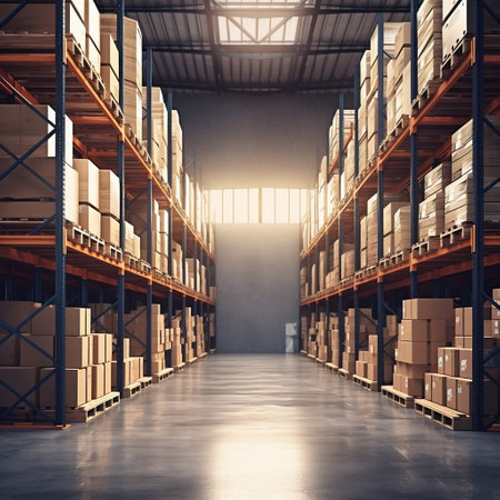 Efficiently Organized Warehouse Interior Showcasing Orderliness Generative AIの素材