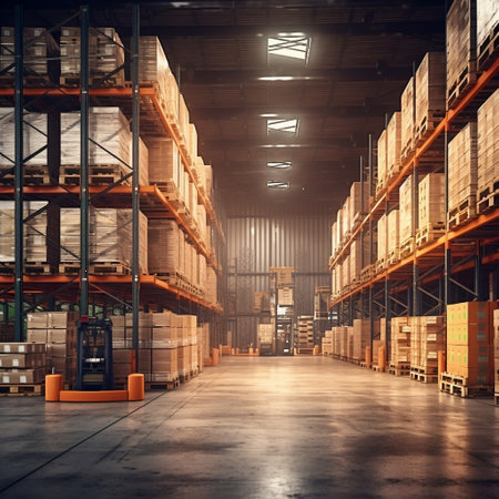 Efficiently Organized Warehouse Interior Showcasing Orderliness Generative AIの素材