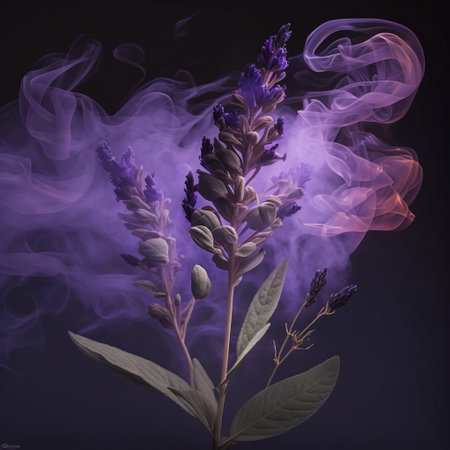Close Up of Lavender with Fragrant Perfume Smoke Generative AIの素材