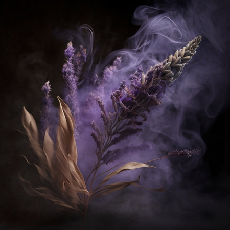 Close Up of Lavender with Fragrant Perfume Smoke Generative AIの素材