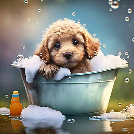 Adorable Puppy Dog in Bathtub Pet's Cleaning Time Generative AIの素材
