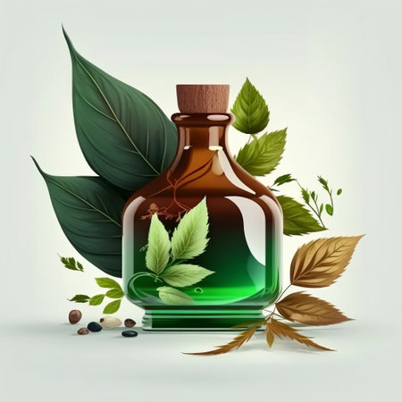 Aromatic Herb Essential Oil Bottle and Leaf Generative AIの素材