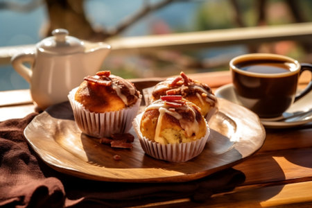 Savory Breakfast Bacon Muffin Served with Coffee on a Table Generative AIの素材