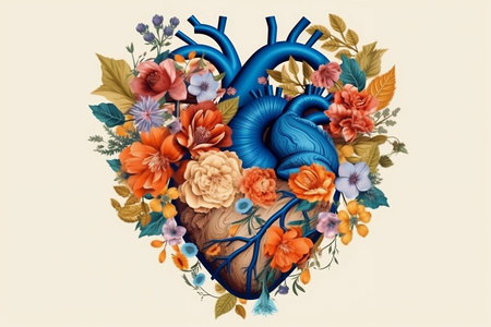 Artistic Anatomical Heart with Floral Elements and Leaf Accents Generative AIの素材