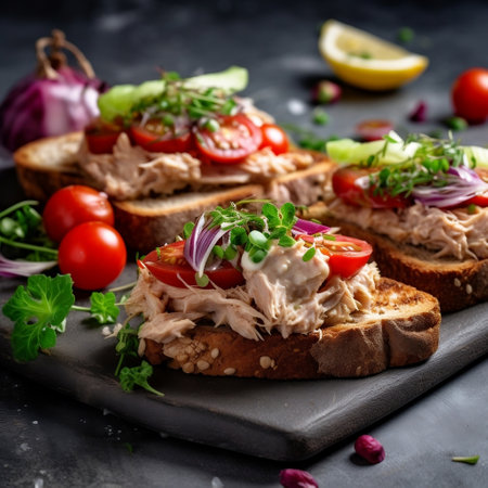 Delicious Tuna and Vegetable Sandwiches on a Fresh Background Generative AIの素材