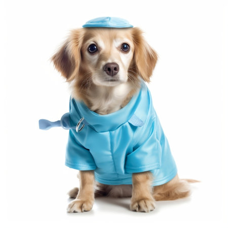 Canine in a Blue Veterinarian Costume on a White Background Generative AIの素材