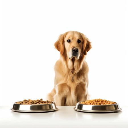 Adorable Golden Retriever Eyeing a Plate of Delicious Treats Generative AIの素材