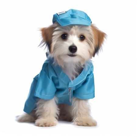 Canine in a Blue Veterinarian Costume on a White Background Generative AIの素材