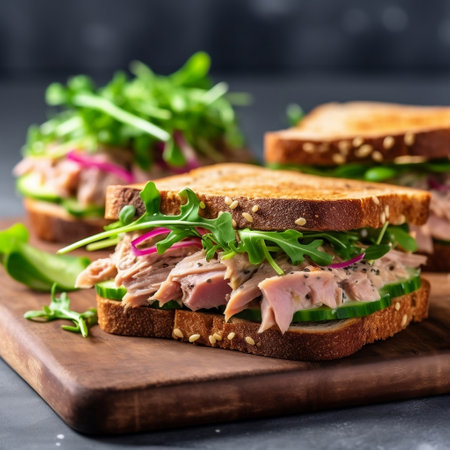 Delicious Tuna and Vegetable Sandwiches on a Fresh Background Generative AIの素材
