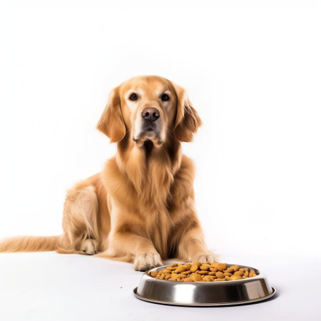 Adorable Golden Retriever Eyeing a Plate of Delicious Treats Generative AIの素材