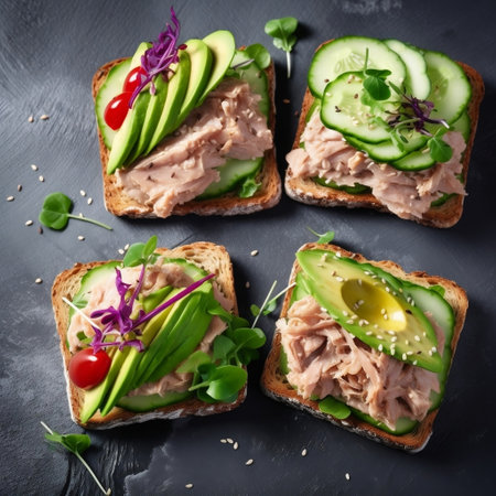 Delicious Tuna and Vegetable Sandwiches on a Fresh Background Generative AIの素材