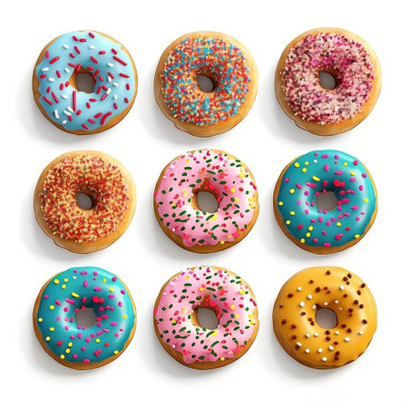 Set of donuts isolated with sprinkles flying over a white background Generative AIの素材