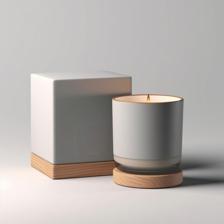Blank Grey Matte Candle with Box and Wooden Base Generative AIの素材