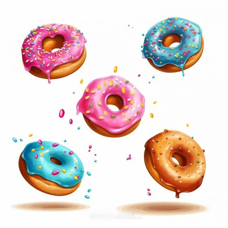Set of donuts isolated with sprinkles flying over a white background Generative AIの素材