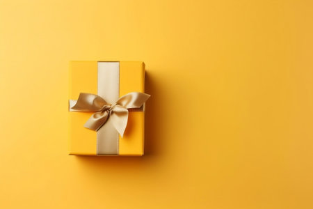 Gift Box with Golden Satin Ribbon and Bow on Yellow Generative AIの素材