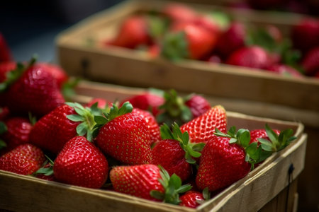 Lots of Baskets with Fresh Ripe Strawberries for Sale Generative AIの素材