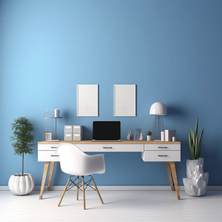 Home Office Desk with Blue Wall and White Table Mockup Generative AIの素材