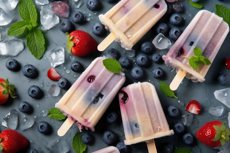 Ice Cream Popsicles with Fruit, Berries, and Ice Toppings Generative AIの素材