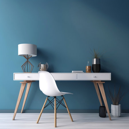 Home Office Desk with Blue Wall and White Table Mockup Generative AIの素材