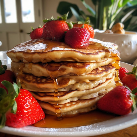 Golden Brown Fluffy Stack of Pancakes with a Side Generative AIの素材