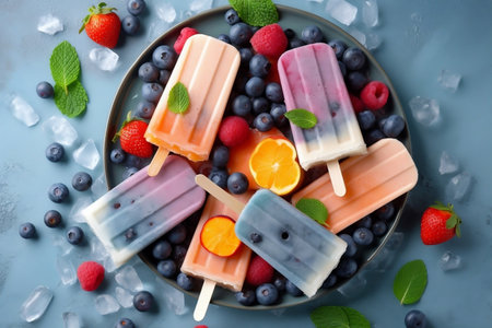 Ice Cream Popsicles with Fruit, Berries, and Ice Toppings Generative AIの素材