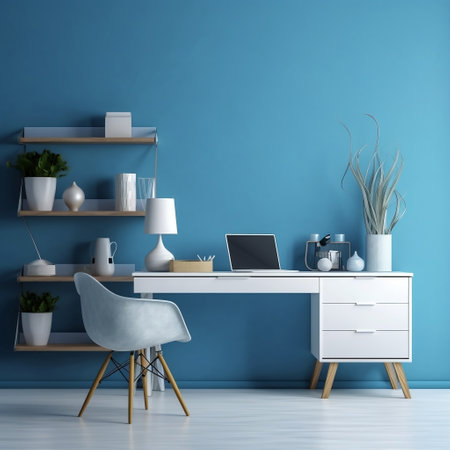 Home Office Desk with Blue Wall and White Table Mockup Generative AIの素材
